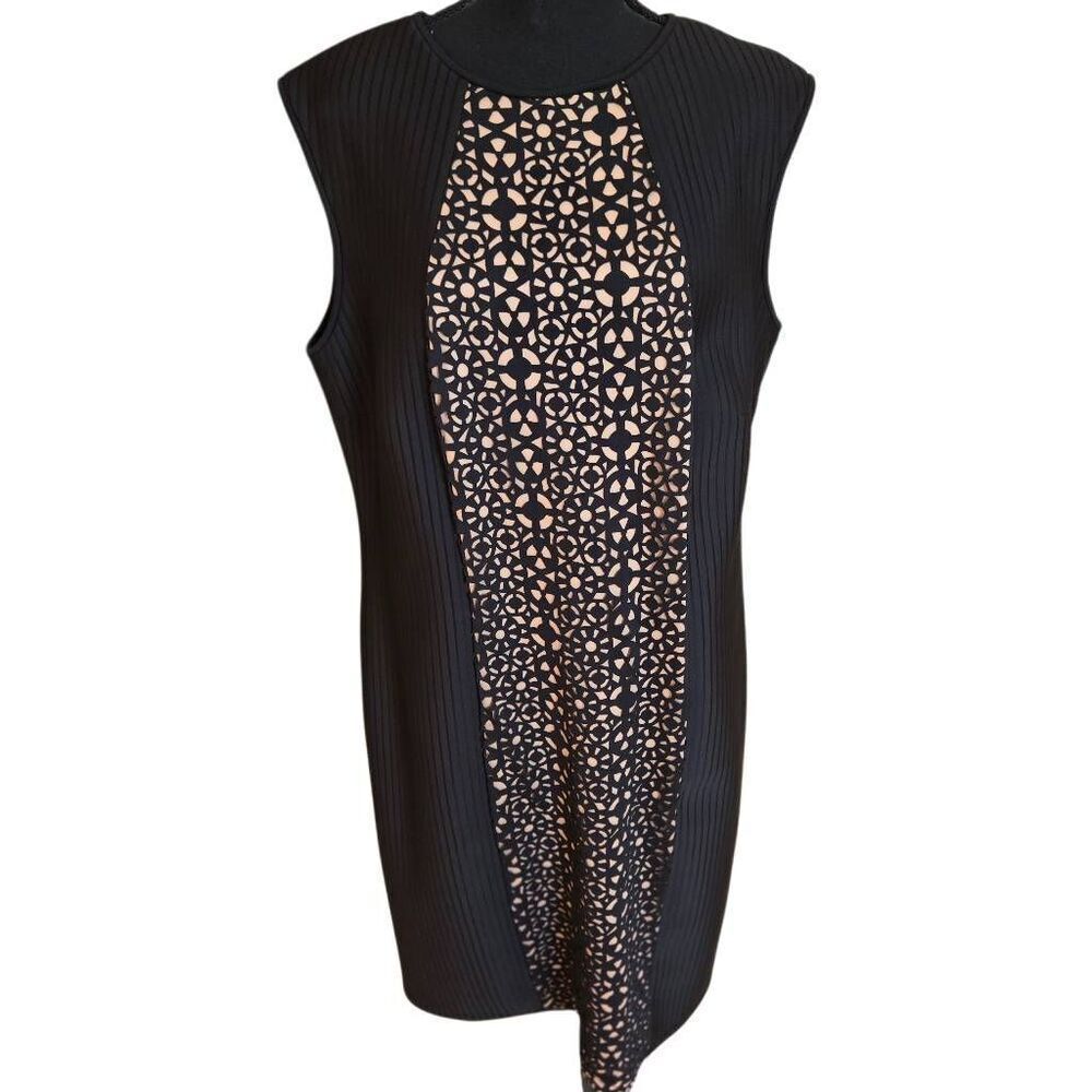 Tadashi Shoji Too Womens Laser Cut Scuba Lined Sheath Dress Black Tan Size 2X
